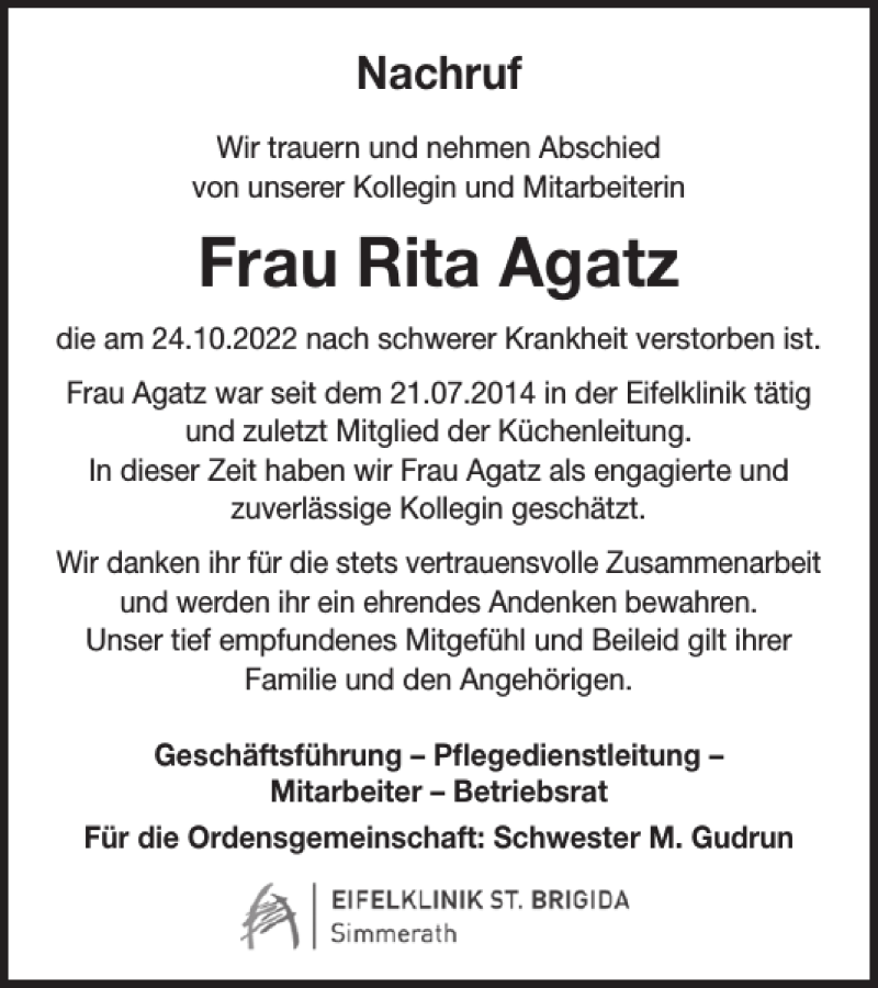  Traueranzeige für Frau Rita Agatz vom 09.11.2022 aus WochenSpiegel