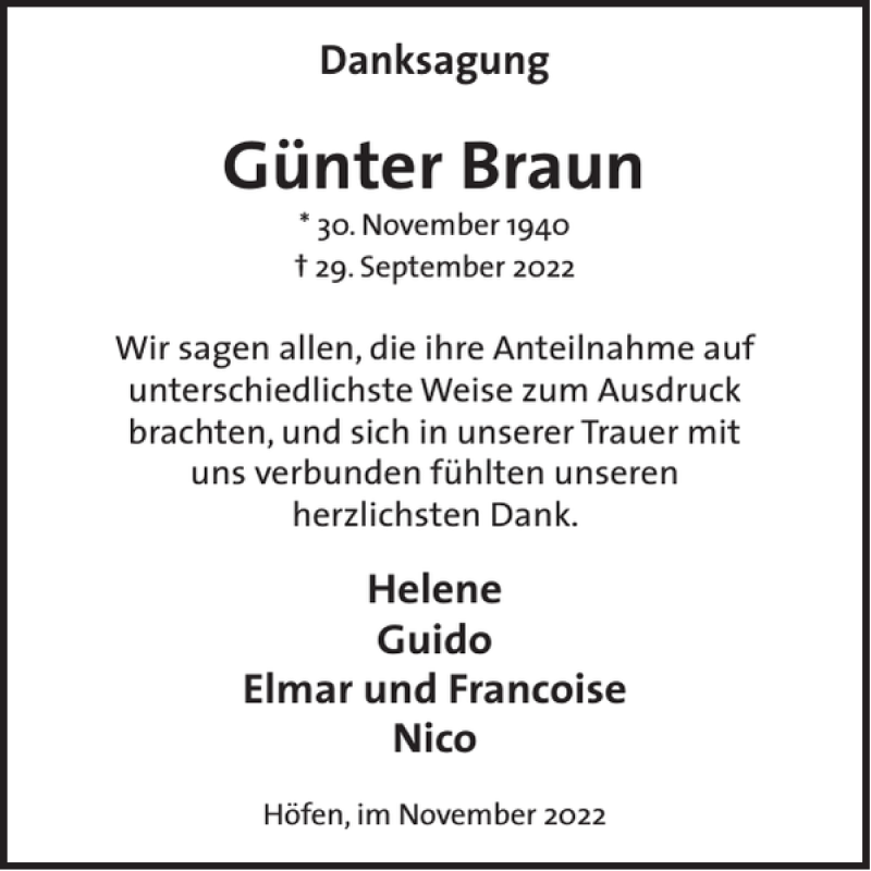  Traueranzeige für Günter Braun vom 09.11.2022 aus WochenSpiegel