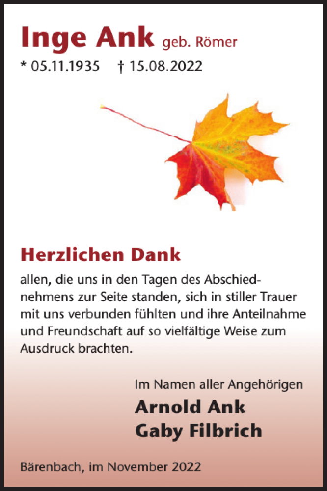  Traueranzeige für Inge Ank vom 09.11.2022 aus WochenSpiegel