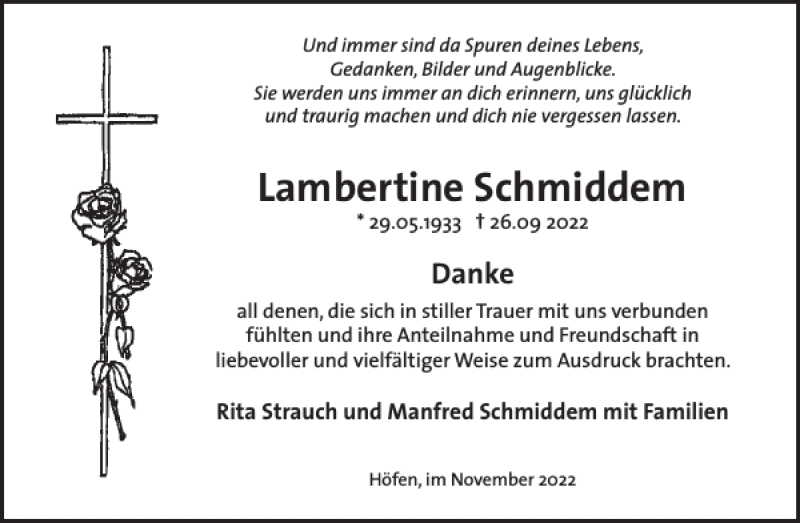  Traueranzeige für Lambertine Schmiddem vom 09.11.2022 aus WochenSpiegel