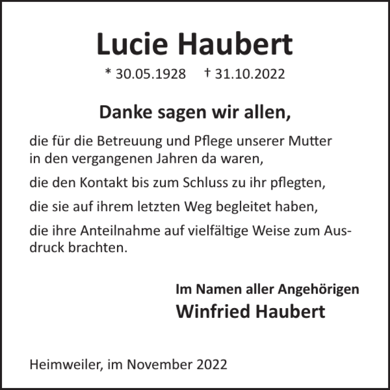  Traueranzeige für Lucie Haubert vom 30.11.2022 aus WochenSpiegel