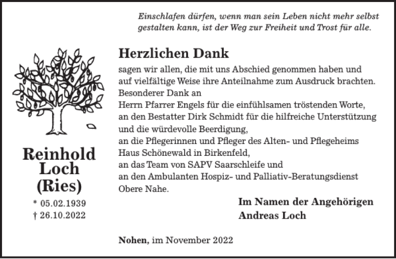  Traueranzeige für Reinhold Loch Ries vom 30.11.2022 aus WochenSpiegel