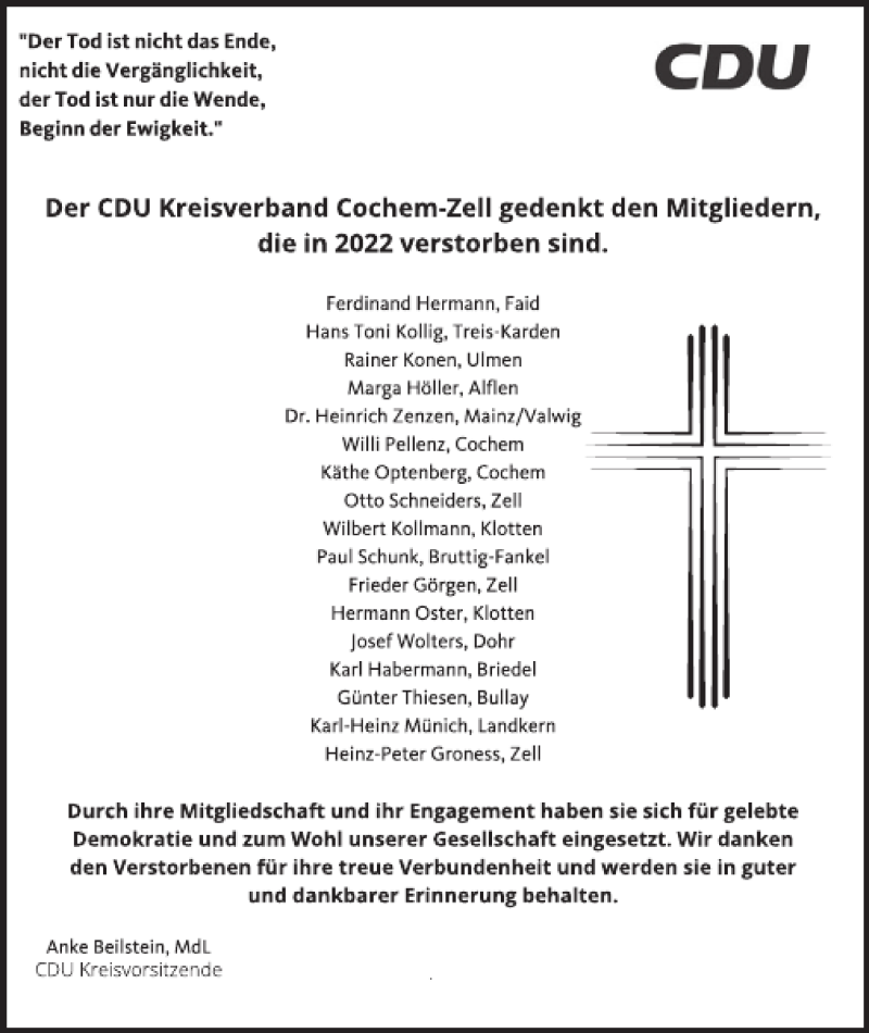  Traueranzeige für CDU Kreisverband Cochem-Zell vom 28.12.2022 aus WochenSpiegel
