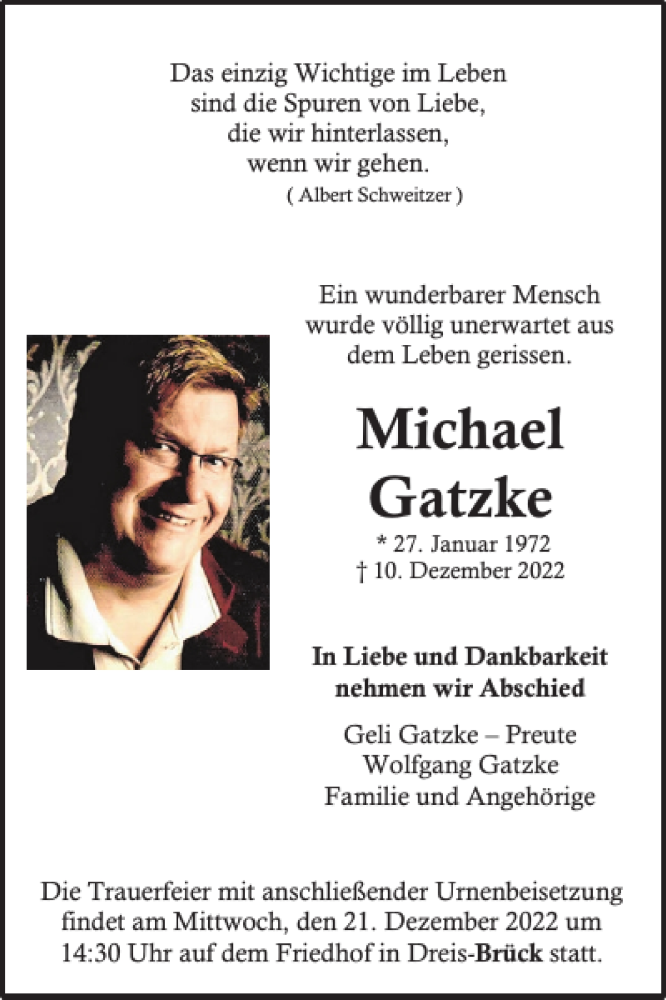  Traueranzeige für Michael Gatzke vom 17.12.2022 aus WochenSpiegel