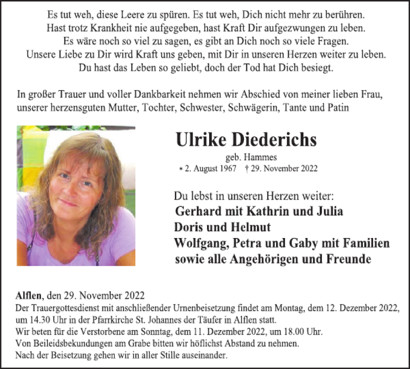  Traueranzeige für Ulrike Diederichs vom 07.12.2022 aus WochenSpiegel