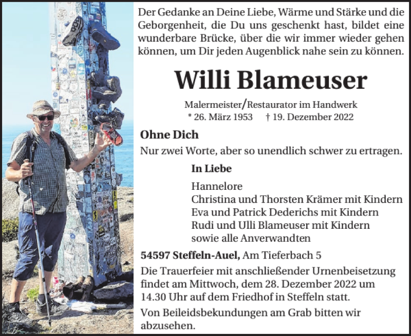  Traueranzeige für Willi Blameuser vom 24.12.2022 aus WochenSpiegel