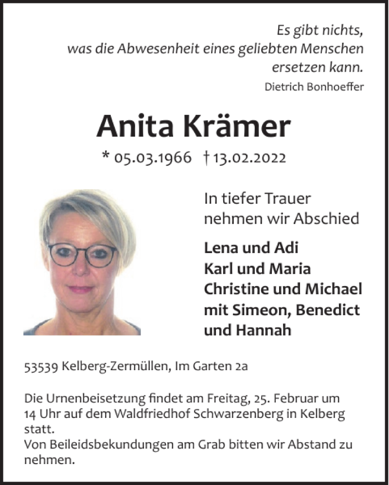  Traueranzeige für Anita Krämer vom 19.02.2022 aus WochenSpiegel