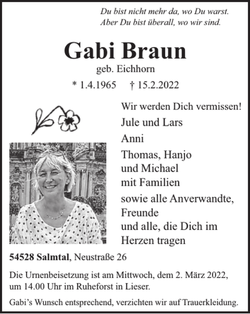  Traueranzeige für Gabi Braun vom 25.02.2022 aus WochenSpiegel