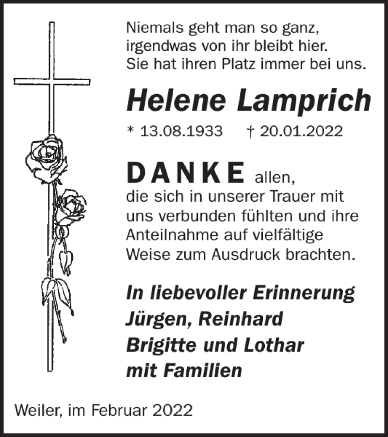  Traueranzeige für Helene Lamprich vom 16.02.2022 aus WochenSpiegel