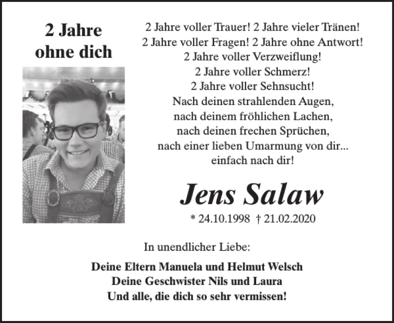  Traueranzeige für Jens Salaw vom 16.02.2022 aus WochenSpiegel