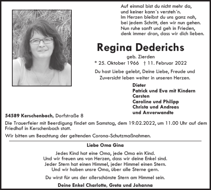  Traueranzeige für Regina Dederichs vom 19.02.2022 aus WochenSpiegel