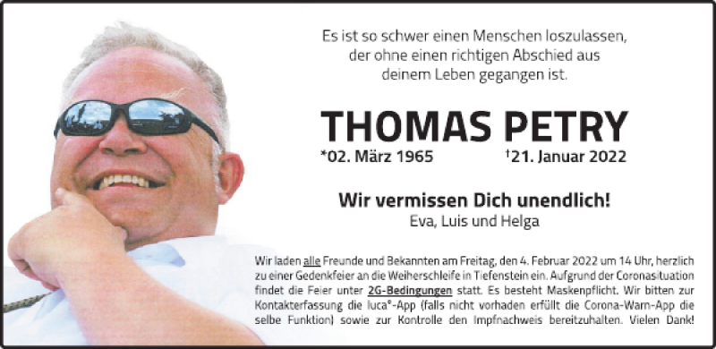  Traueranzeige für Thomas Petry vom 02.02.2022 aus WochenSpiegel