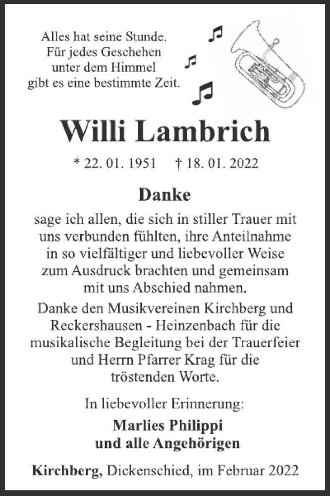  Traueranzeige für Willi Lambrich vom 16.02.2022 aus WochenSpiegel