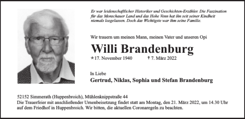  Traueranzeige für Willi Brandenburg vom 16.03.2022 aus WochenSpiegel