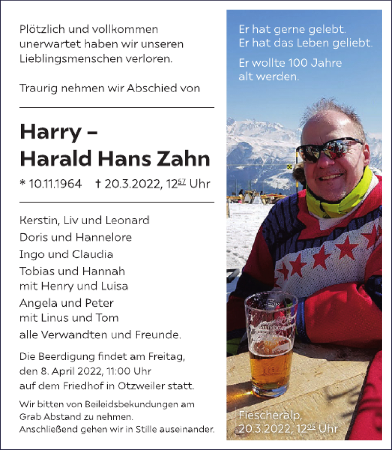  Traueranzeige für Harry Harald Hans Zahn vom 06.04.2022 aus WochenSpiegel
