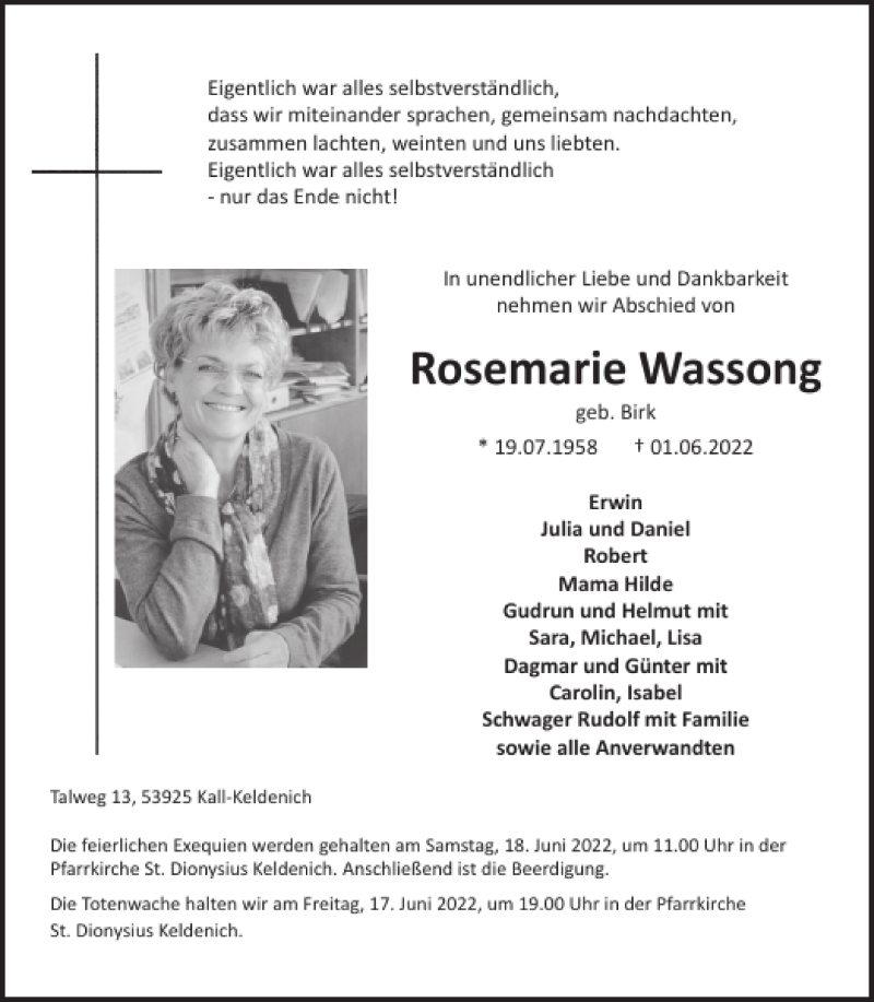  Traueranzeige für Rosemarie Wassong vom 08.06.2022 aus WochenSpiegel