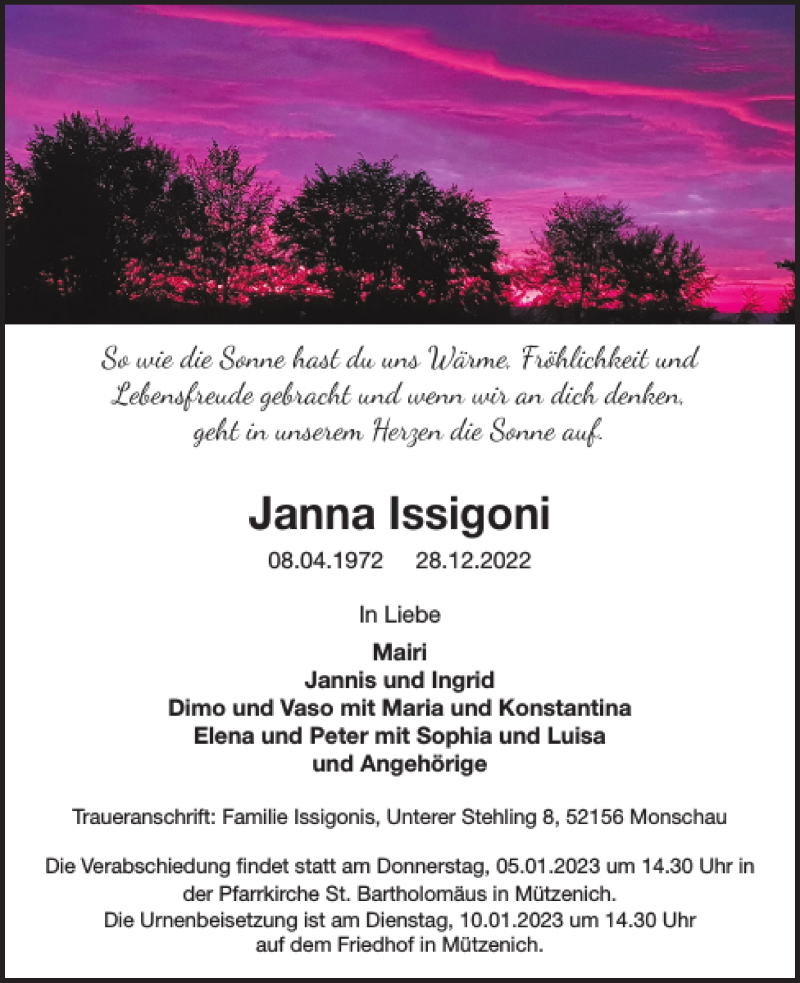  Traueranzeige für Janna Issigoni vom 04.01.2023 aus WochenSpiegel