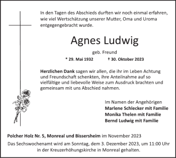 Traueranzeige von Agnes Ludwig von Wochenspiegel