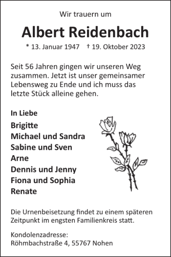 Traueranzeige von Albert Reidenbach von Wochenspiegel