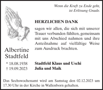 Traueranzeige von Albertine Stadtfeld von Wochenspiegel