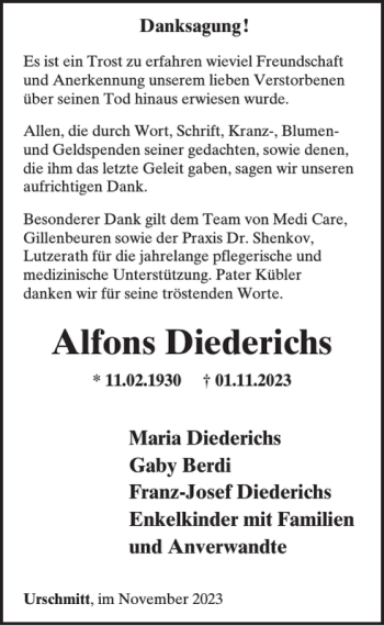 Traueranzeige von Alfons Diederichs von Wochenspiegel