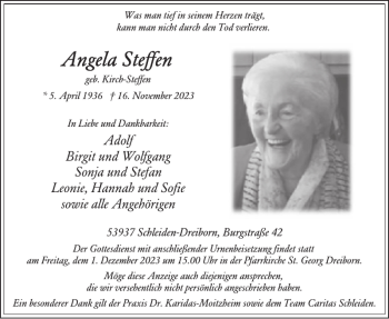 Traueranzeige von Angela Steffen von Wochenspiegel
