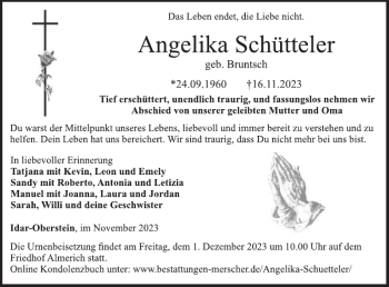 Traueranzeige von Angelika Schütteler von Wochenspiegel