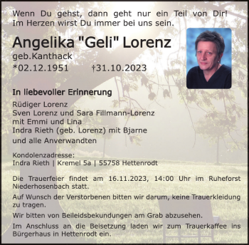 Traueranzeige von Angelika Geli Lorenz von Wochenspiegel