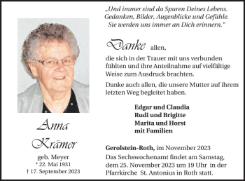 Traueranzeige von Anna Krämer von Wochenspiegel