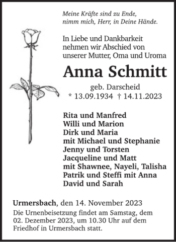 Traueranzeige von Anna Schmitt von Wochenspiegel