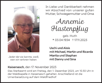 Traueranzeige von Annemie Hastenpflug von Wochenspiegel