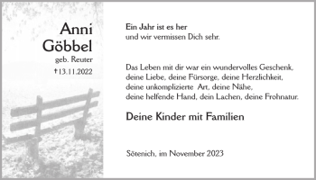 Traueranzeige von Anni Göbbel von Wochenspiegel