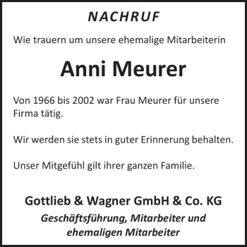 Traueranzeige von Anni Meurer von Wochenspiegel