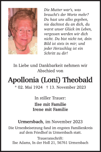 Traueranzeige von Apollonia (Loni) Theobald von Wochenspiegel