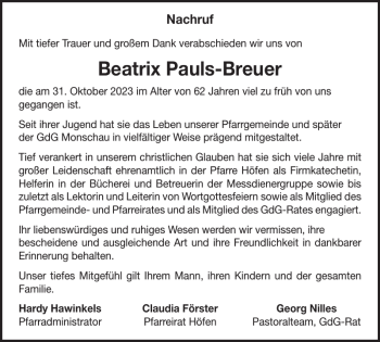 Traueranzeige von Beatrix Pauls-Breuer von Wochenspiegel