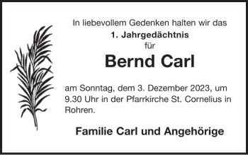 Traueranzeige von Bernd Carl von Wochenspiegel