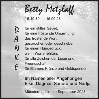 Traueranzeige von Betty Metzlaff von Wochenspiegel