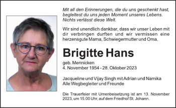Traueranzeige von Brigitte Hans von Wochenspiegel