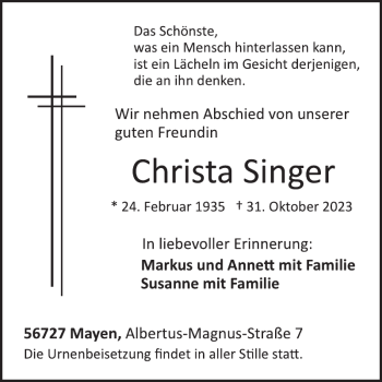 Traueranzeige von Christa Singer von Wochenspiegel