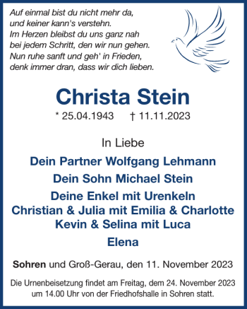 Traueranzeige von Christa Stein von Wochenspiegel