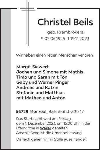 Traueranzeige von Christel Beils von Wochenspiegel