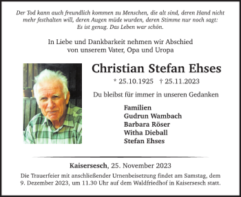 Traueranzeige von Christian Stefan Ehses von Wochenspiegel