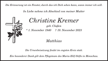 Traueranzeige von Christine Kremer von Wochenspiegel
