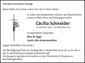 Traueranzeige von Cäcilia Schneider von Wochenspiegel
