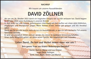 Traueranzeige von DAVID ZÖLLNER von Wochenspiegel