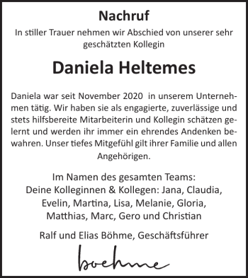 Traueranzeige von Daniela Heltemes von Wochenspiegel