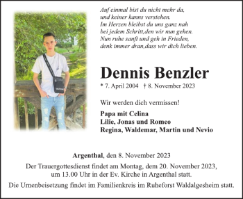 Traueranzeige von Dennis Benzler von Wochenspiegel