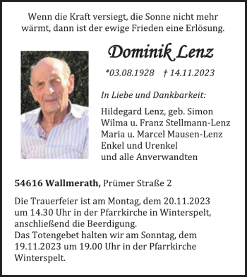 Traueranzeige von Dominik Lenz von Wochenspiegel
