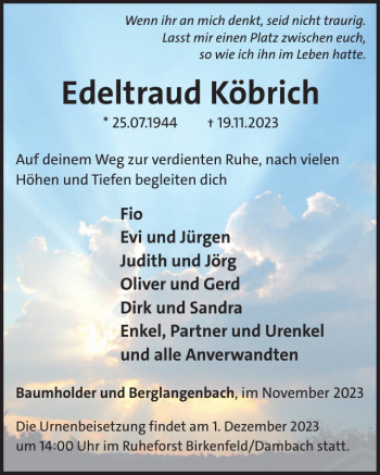 Traueranzeige von Edeltraud Köbrich von Wochenspiegel