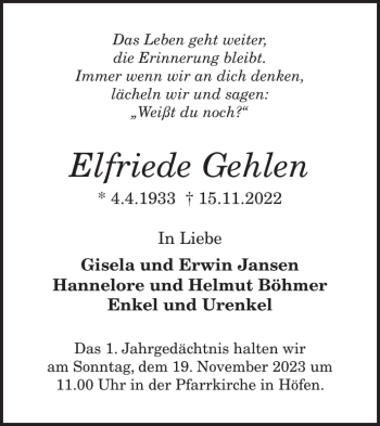 Traueranzeige von Elfriede Gehlen von Wochenspiegel